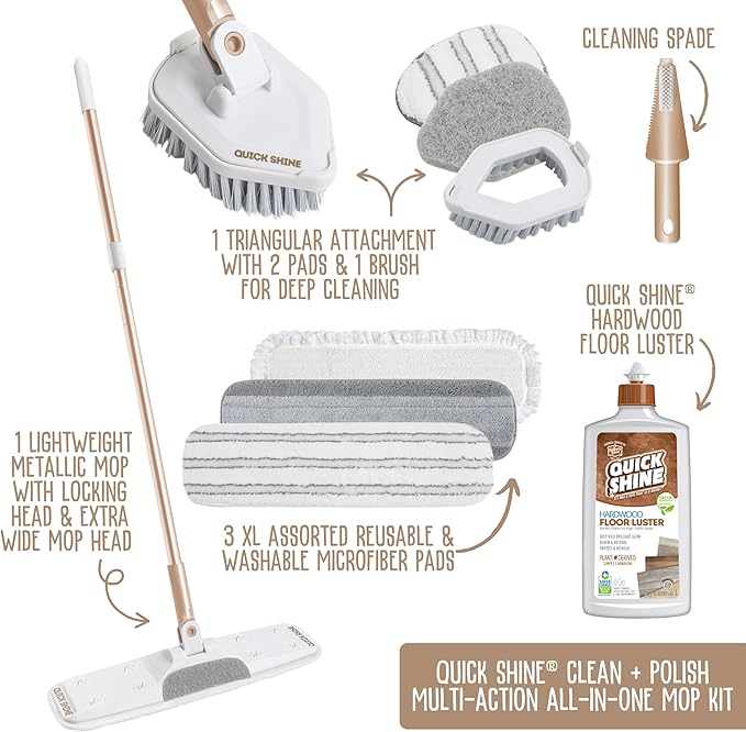 Quick Shine Ultimate Gold Clean + Polish Mop Kit, 10 Pc Set w/Interchangeable Attachments | Floor Luster Included | 2-in-1 Pro Cleaning w/ Microfiber Pads for Hardwood Floors | No Batteries Needed