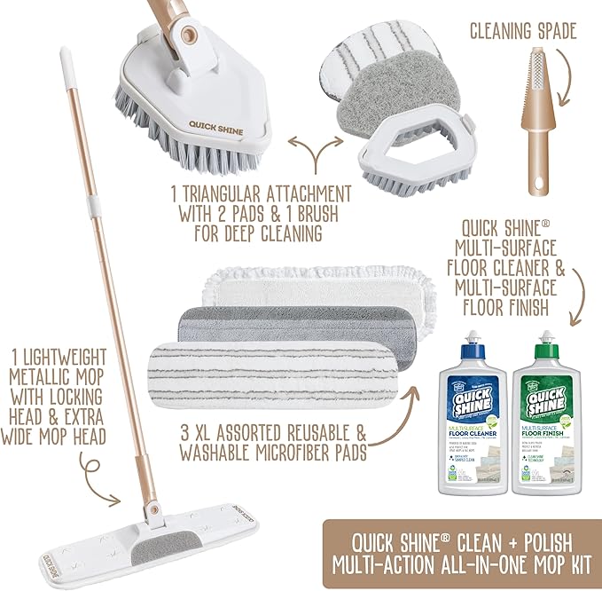 Quick Shine Ultimate Gold Clean + Polish Mop Kit, 11 Pc Set w/Interchangeable Attachments, Cleaner & Finish Included | 2-in-1 Pro Cleaning System w/ Microfiber Pads | All Floors | No Batteries Needed