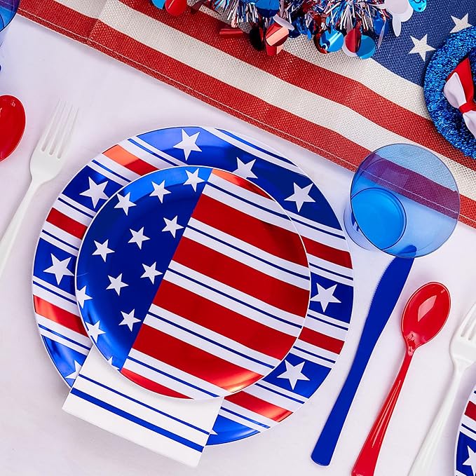 Festiva 175Pcs 4th of July Plates & Red White Blue Disposable Plastic Silverware &Clear Blue Cups-American Flag Patriotic Party Supplies for,4th of July&Memorial Day