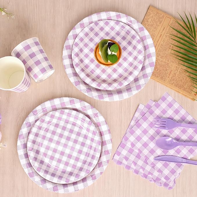 Vyntra Checkered Gingham Paper Plates and Napkins Set for 50" 9" Dinner Plates & 7" Dessert Plate, Birthday Party (Lavender Gingham, 175 Pcs)