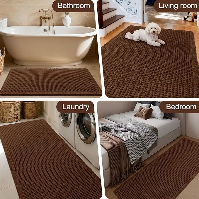 Upgraded Waffle Bath Mat Set 2 Piece Brown, Super Absorbent Non-Slip Quick Dry Bathroom Rugs with Tassels, Machine Washable Ultra Soft Boho Bath Rugs for Floor, Toilet Mats Boho Farmhouse Decor