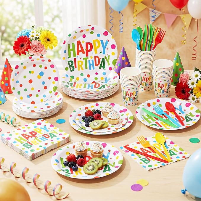 Pickmesh 400 Pcs Happy Birthday Decoration Set, Colorful Polka Dots Plates and Napkins Party Supplies, Disposable Plates and Cups with Plastic Cutlery for Birthday Party Favor