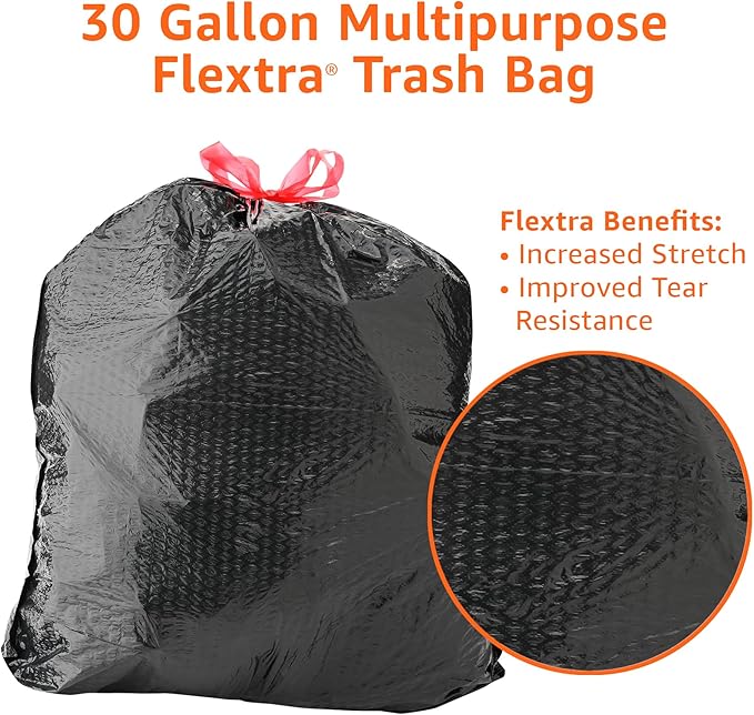 Amazon Basics Flextra Multipurpose Drawstring Trash Bags, 30 Gallon, 50 Count, Tear Resistant