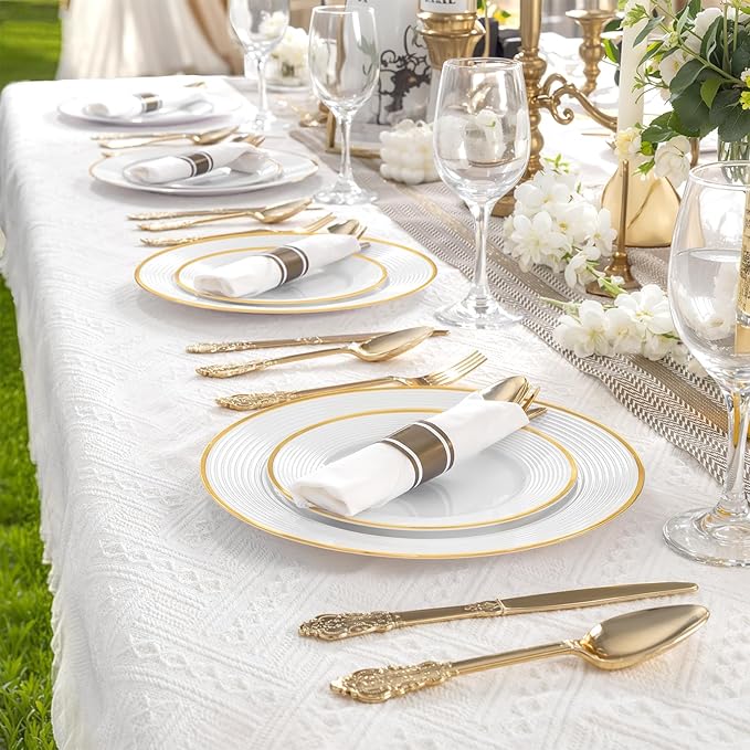 Liacere 100PCS Gold Plastic Plates - Heavy Duty Disposable Plates - White and Gold Plate 100PCS Dinner/Dessert Plate for Party & Wedding & Birthday