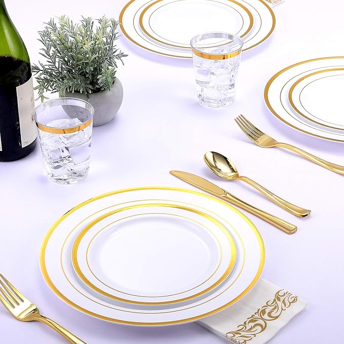 FOCUSLINE 175 Count Gold Dinnerware Set for 25 Guests - Gold Rimmed White Disposable Plastic Plates Heavy Duty, Includes 25 Dinner & Salad Plates, Cups, Cutlery Set for Wedding Parties
