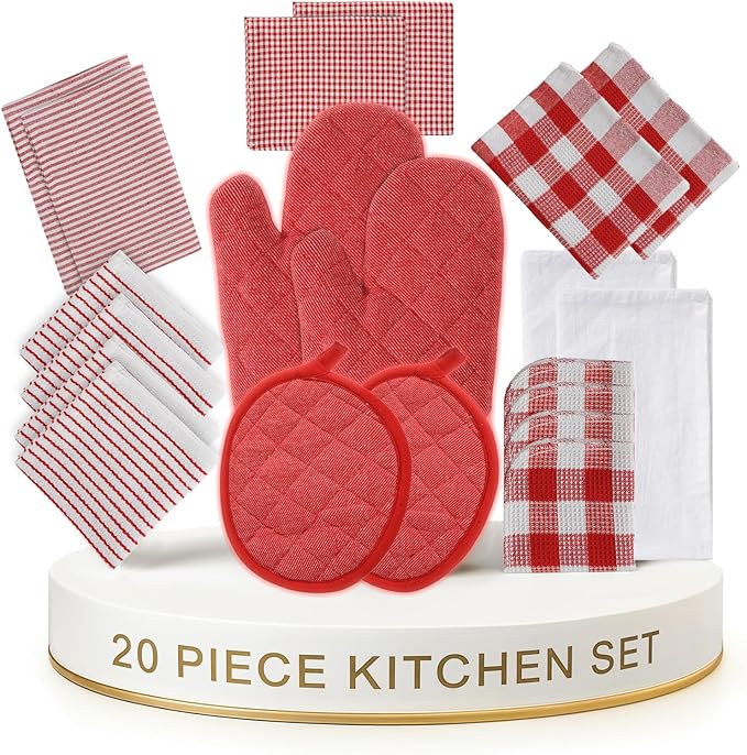 LANE LINEN Cotton Kitchen Towels and Dishcloths 20 Pack - Large Dish Towels Set for Holiday Hosting, Fast Drying Dish Rags, Flour Sack Towels, Versatile Scrubbers & Oven Mitts with Pot Holders - Red