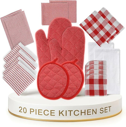 LANE LINEN Cotton Kitchen Towels and Dishcloths 20 Pack - Large Dish Towels Set for Holiday Hosting, Fast Drying Dish Rags, Flour Sack Towels, Versatile Scrubbers & Oven Mitts with Pot Holders - Red