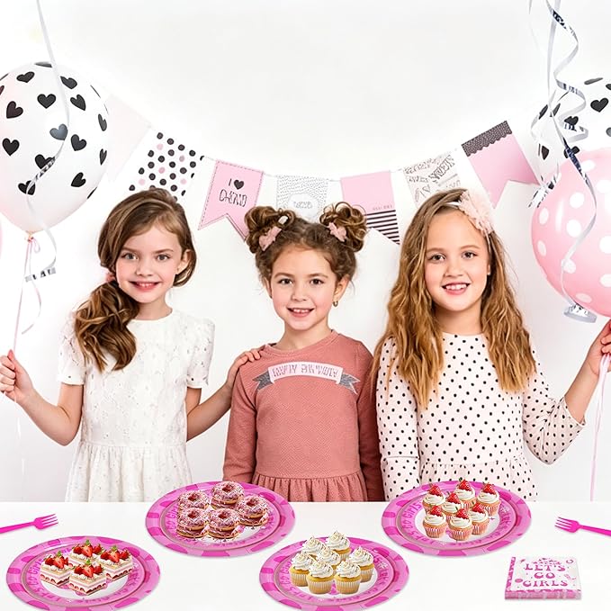 100 Pcs Let's Go Girls Party Supplies for 25 Guests, Heavy-Duty 7" & 9" Paper Plates, 2-Ply 13" Napkins & Plastic Forks, Disposable Disco Cowgirl Tableware Set for Birthday Party