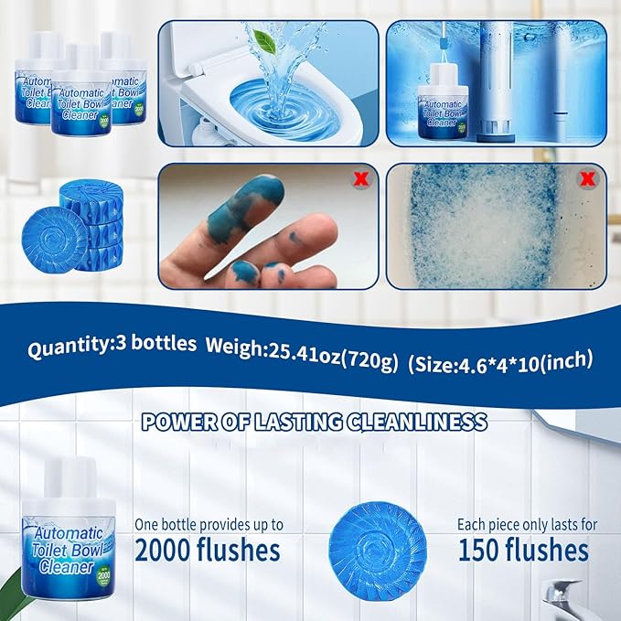 Toilet Bowl Cleaners, 3 Pack Toilet Cleaner, Automatic Long Lasting Continuous Toilet Bowl Cleaner, Prevent Stain Build Up Deep Clean, Each Pack for About 3 Months' Supply, Blue