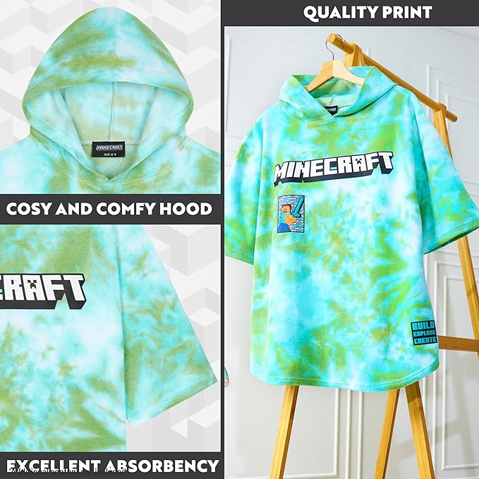 Minecraft Towelling Poncho Kids Teens Hooded Bath Towels Absorbent Beach Towel (Green Tie Dye, 10-13 Years)