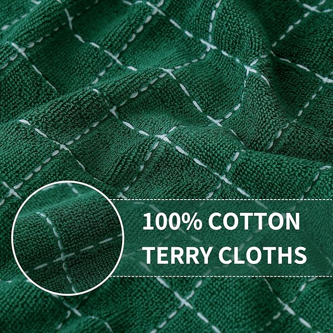 Homaxy 100% Cotton Terry Kitchen Towels(Dark Green, 13 x 28 inches), Checkered Designed, Soft and Super Absorbent Dish Towels, 12 Pack