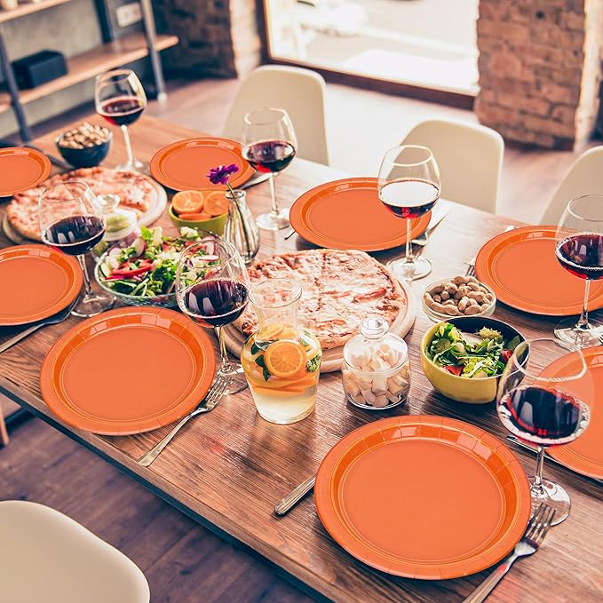 QZYL Disposable Paper Plates Set, 50 PCS Orange Dinner Paper Plates, Round 9 Inches Party Plates Pack for Daily Meal Picnic Anniversary Thanksgiving Festival Gathering Party Supplies