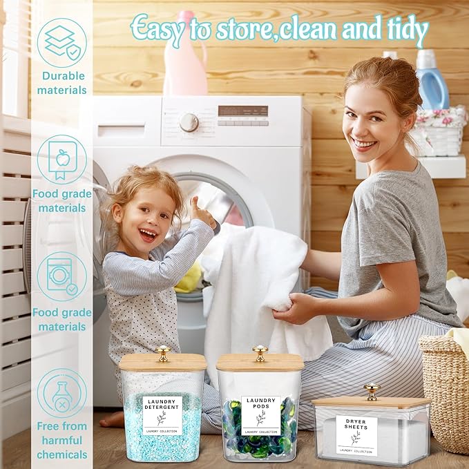 Reallnaive 5 Pcs Laundry Room Organization Storage Containers 4 Large 3L Laundry Pod Containers and Dryer Sheet Holder with Bamboo Lids 18 Labels 4 Scoops for Detergent Powder Laundry Organizer