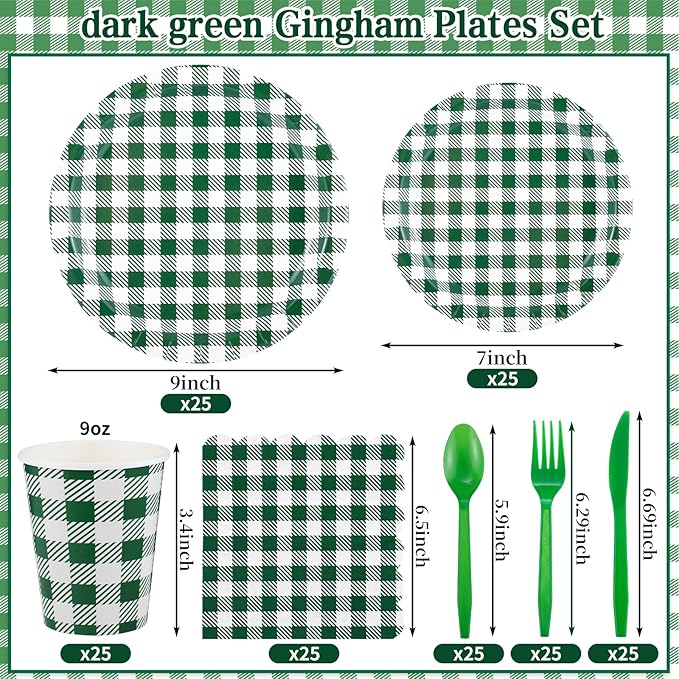 NatNarr 175 Pcs Gingham Party Supplies Include Green Gingham Plates and Napkins Cups Plastic Cutlery Disposable Green Checkered Plates Set for St Patricks Day, Picnic, Baby Shower, Golf Party