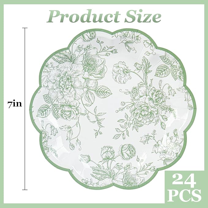 24 Pcs Green Floral Party Plates Vintage Floral Leaf Disposable Paper Plates Wildflower Sage Green Toile 7" Small Scalloped Dessert Plates for Spring Easter Birthday Bridal Tea Party Supplies