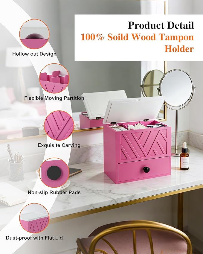 Tampon Holder for Bathroom Decor Feminine Product Organizer With Lid & Drawer Shark Week Box Girl Stuff (1, PINK)