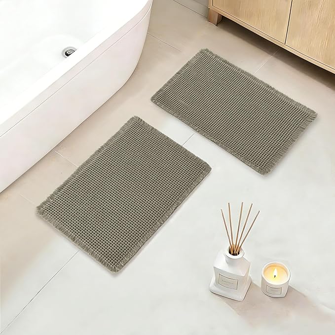 DWCN Olive Green Waffle Bathroom Mat Set, Super Absorbent Non Slip Bath Rug Set for Bathroom Floor, Shower Mats 2 Pcs for Tub, Washable Kitchen Rugs for Farmhouse Boho Home Decor, 24 x 16 Inch