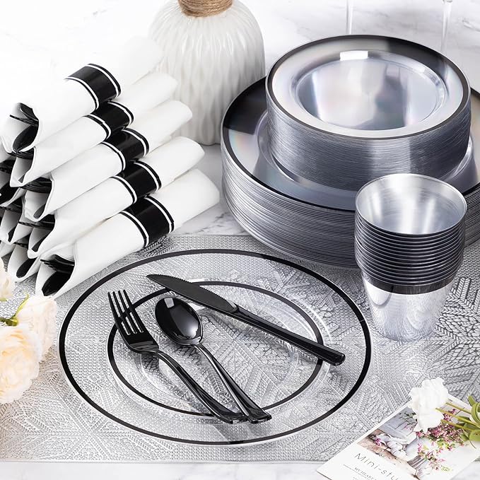 Goodluck 350 Piece Black Plastic Dinnerware Set for Party, Clear Disposable Plates for 50 Guests, Includes 100 Plates, 50 Pre Rolled Napkins with Cutlery Set, 50 Cups, for Graduation Party, Wedding
