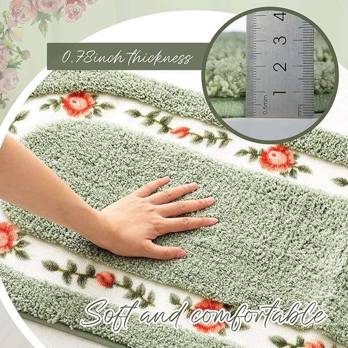 Drydiet 3 Pcs Rose Flowers Bathroom Rugs Set Coquette Room Decor Floral Carpet for Bathroom Bedroom Living Room, Floral Bath Mat Non Skid Romantic Rose Flower Area Rugs 3 Shapes(Green,Small)