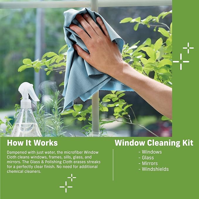 E-Cloth Microfiber Window Cleaning Cloth Kit - Glass Cleaning Cloth for Windows, Mirrors, Cars, Lenses, Eyeglasses, & More, Streak Free Clean, Machine Washable Reusable Towel - Green