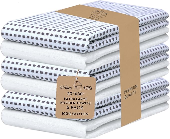 Urban Villa Christmas Dot Check Kitchen Towels Set of 6 20X30 Inches 100% Cotton Highly Absorbent Kitchen Towels Premium Quality Ultra Soft Mitered Corners Towels Grey/White