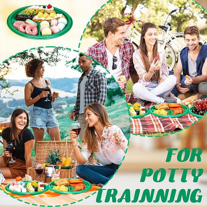 Teenyyou 50 Pcs 10 Inch Plastic 3 Compartment Divided Plates Heavy Disposable Plates Duty Round Dinner Plates with Dividers for Wedding Birthday Party Dinnerware(Green)