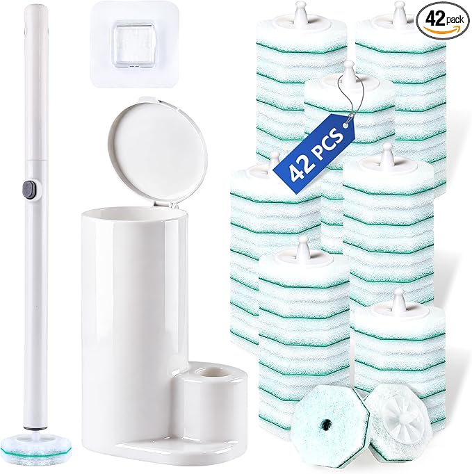 Disposable Toilet Wand with 42 Clorox Compatible Refills, Wall Mount T-oilet Bowl Holder Set, Toilet Scrubber Kit for Bathroom, Sink & Bathtub (Rainforest Scent)