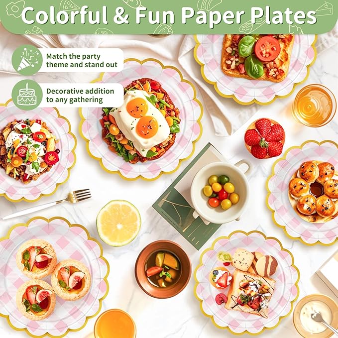 50 Pcs Pink and White Checkered Paper Plates, 25 Pcs 9" and 25 Pcs 7" Disposable Pink Gingham Scalloped Plates with Gold Foil for Graduation Wedding Baby Shower Birthday Party Picnic BBQ