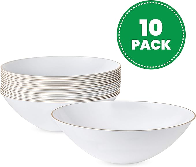 [16 OZ 10 Count] White Plastic Floral Design Party Soup bowls With Gold Rim Premium heavyweight Elegant Disposable Tableware Dishes