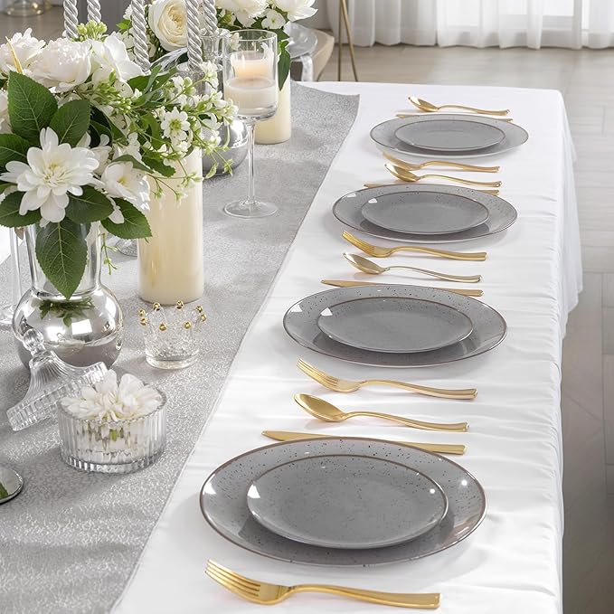 Liacere 32PCS Grey Plastic Plates - Grey Stone Plastic Disposable Tableware Plates Modern Dinnerware Set - Wedding & Warm Winter & Party