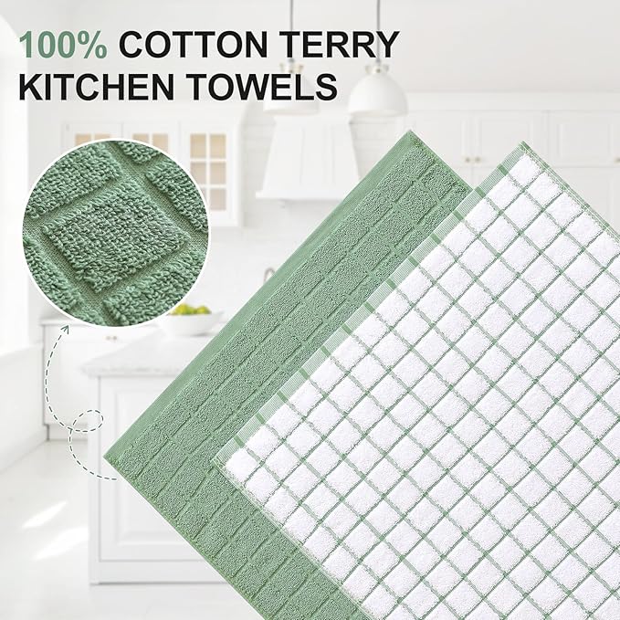 Homaxy Premium Cotton Kitchen Towels 16"x 28", Large Natural Ring Spun 390 GSM Dish Towels, Super Absorbent Terry Kitchen Hand Towels, Soft Tea Towels with Hanging Loop, Grass Green Design, 4 Pack