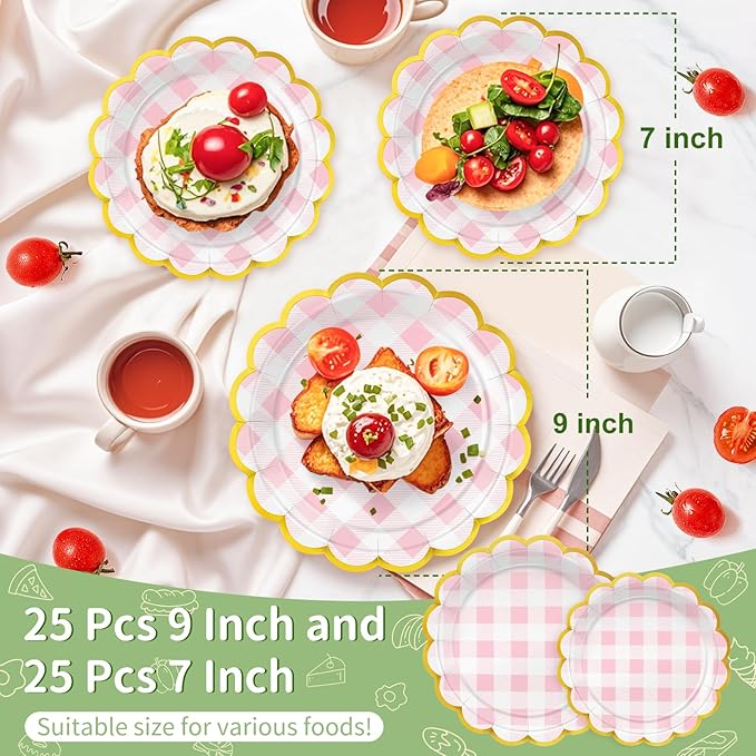 50 Pcs Pink and White Checkered Paper Plates, 25 Pcs 9" and 25 Pcs 7" Disposable Pink Gingham Scalloped Plates with Gold Foil for Graduation Wedding Baby Shower Birthday Party Picnic BBQ