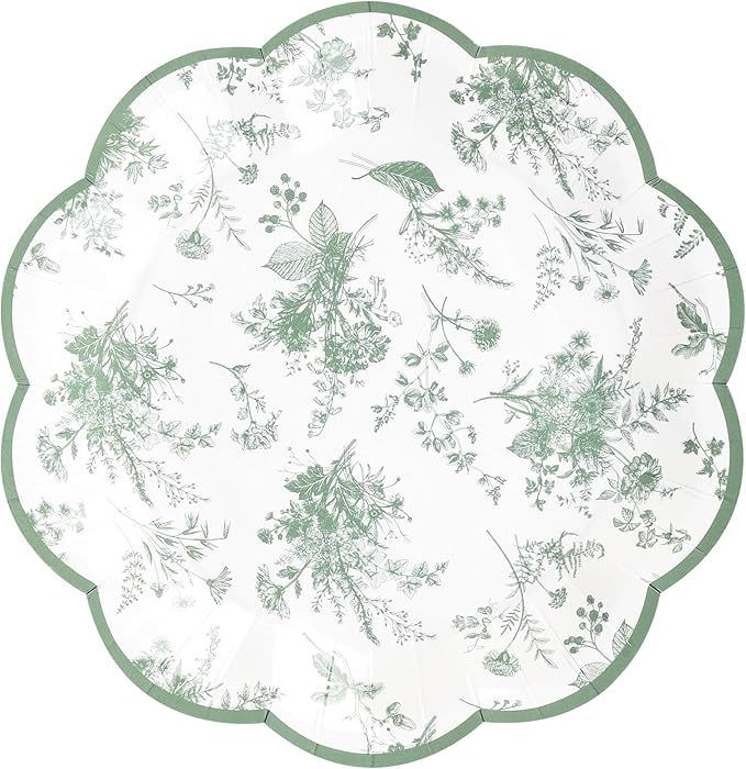 48 Pcs Sage Green Floral Party Plates 7" Vintage Floral Leaf Disposable Paper Plates Wildflower Green Toile Small Scalloped Dessert Plates for Spring Easter Birthday Bridal Tea Party Supplies