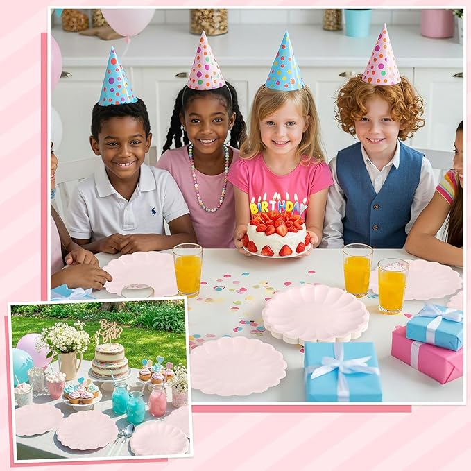 NatNarr 30 Pcs Pink Paper Plates 9.5 In Light Pink Plates Disposable Heavy Duty(350gms) Fancy Plate Scalloped Party Plate with Shell Edge for Wedding Birthday Bridal Shower Girl Baby Shower