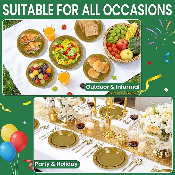 LANLISA 50 Pcs Gold Plastic Plates For Party, 25-9" & 25-7" Disposable Cake Dessert Plates For Birthday, Graduation Decorations, New Years Dinner