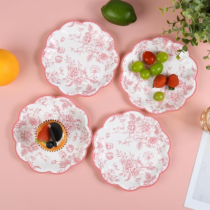 24 Pcs Pink Floral Party Plates Vintage Floral Leaf Disposable Paper Plates Wildflower Pink Toile 7" Small Scalloped Rim Dessert Plates for Valentines Birthday Bridal Tea Party Supplies