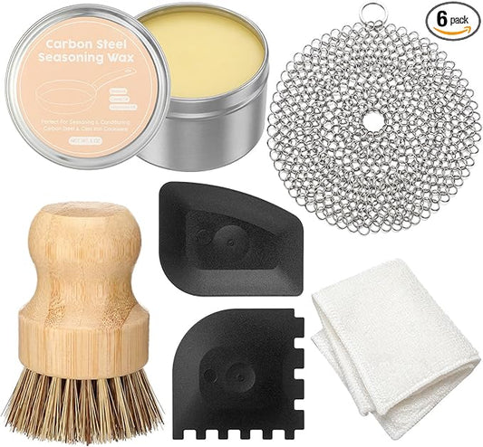 6 Pcs Cast Iron Cleaning Kit Includes Cast Iron Seasoning Wax, Chain Mail Scrubber, Cleaning Brush, Scrapers and Dish Towel Carbon Steel Care Set for Pan Grill Kitchen Supplies