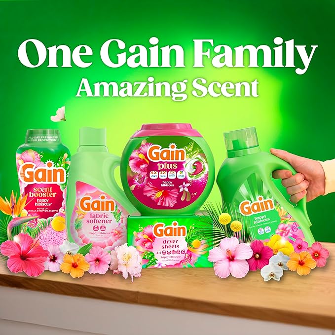 Gain Plus Flings Liquid Washing Detergent Pods, Gain's Best Clean, All-In-One, Happy Hibiscus Scent Laundry Pacs, 45 Count (Packaging May Vary)