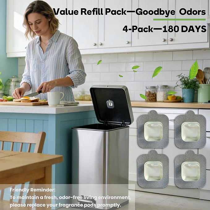 4-Pack Trash Can Odor Eliminator Pod Refills, Compatible with simplehuman Odorsorb Pods, Natural Plant-Based & Fragrance-Free Garbage Can Deodorizer Pods for Odor Control System Starter Kit