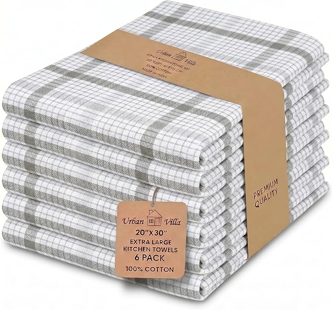 Urban Villa Kitchen Towels 100% Cotton Dish Towels for Kitchen (Set of 6) 20”x30” Dish Cloths Absorbent Kitchen Linen Set with Hanging Loop Perfect for Drying Dishes Cleaning – Tiny Check