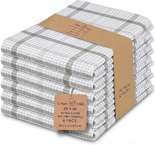 Urban Villa Kitchen Towels 100% Cotton Dish Towels for Kitchen (Set of 6) 20”x30” Dish Cloths Absorbent Kitchen Linen Set with Hanging Loop Perfect for Drying Dishes Cleaning – Tiny Check