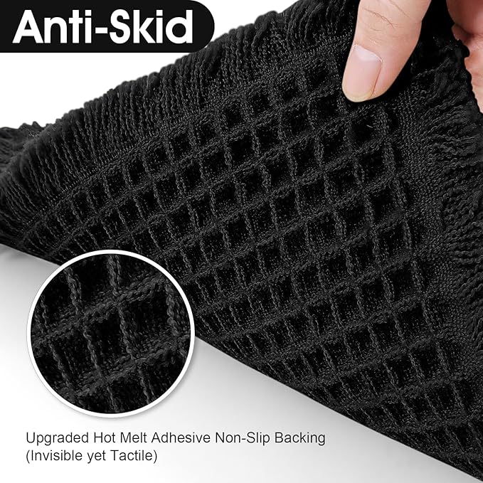 Upgraded Waffle Bath Mat Set 3 Piece Black, Super Absorbent Non-Slip Quick Dry Bathroom Rugs with Tassels, Machine Washable Ultra Soft Boho Bath Rugs for Floor, Toilet Mats Boho Farmhouse Decor