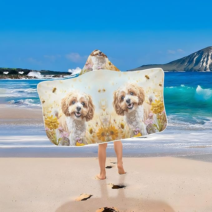 Hooded Towel for Kids Cockapoo Dog Standing in The Flowers Beach Wrap Bath Towels 50x23.5in