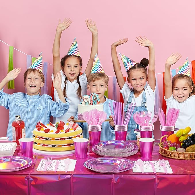 Iridescent Pink Party Supplies Decorations Serve 50, Hot Pink Holographic Paper Plates and Napkins Set, Disposable Pink Paper Plates Cups Knives Spoons Fork for Mermaid Disco Kpop Birthday Party Decor