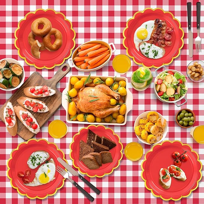 50 Pcs Red Paper Plates, 25 Pcs 9" and 25 Pcs 7" Disposable Christmas New Years Scalloped Plates with Gold Foil for Graduation Wedding Baby Shower Birthday Party Picnic BBQ