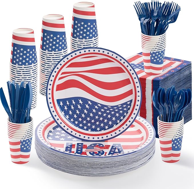 Fijinhom Patriotic Party Supplies, 350 PCS American Flag Paper Plates Set, Disposable Dinnerware Set for 50 Guests, USA Flag Paper Plates Napkins Cups Blue Plastic Forks Knives Spoons for Memorial