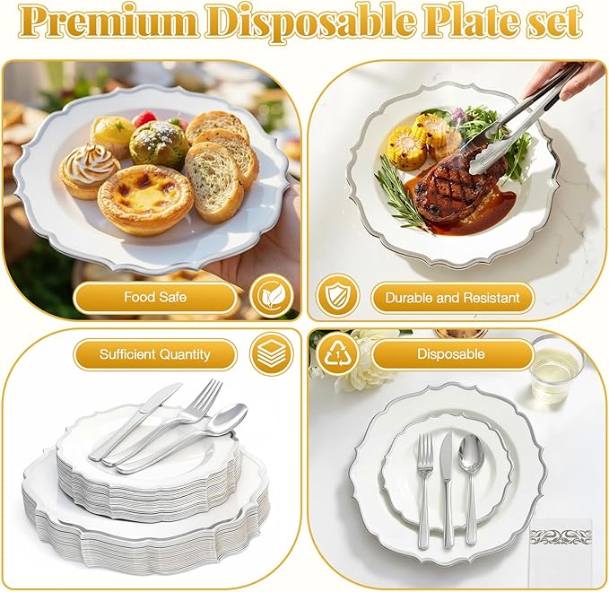 175 Plastic Dinnerware Set Silver Disposable Dinnerware Set for 25 Guests Include 50 Plastic Plates,25 Silverware Set 25 Cups and 25 Napkins for Party Wedding Thanksgiving