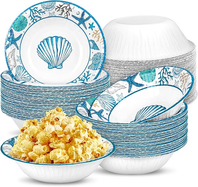 FYSUIMU 100 Pcs Ocean Paper Bowls Snack Bowl Starfish Seashell Coral Disposable Serving Bowls for Summer Party Household Supplies Decor, 12 Oz