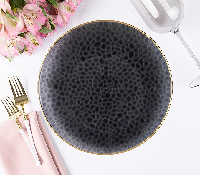 PLASTICPRO 30 Pack Hammered Plastic Plates Heavyweight Disposable Plastic Plates Elegant Transparent Black Plates With Gold Rim Platsic Party Dishes (Transparent Black With Gold Rim, 7'' INCH PLATES)