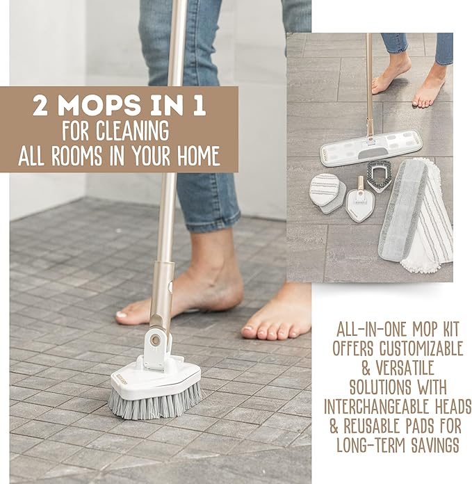 Quick Shine Ultimate Gold Clean + Polish Mop Kit, 10 Pc Set w/Interchangeable Attachments | Floor Luster Included | 2-in-1 Pro Cleaning w/ Microfiber Pads for Hardwood Floors | No Batteries Needed